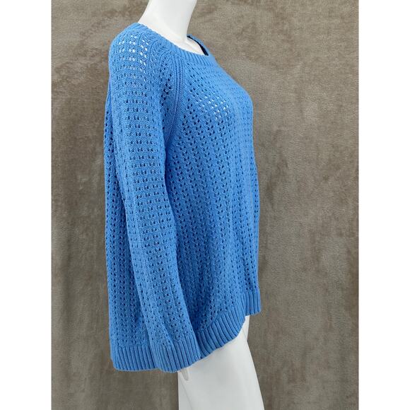 Talbots Sweater Womens 2X Blue Open Knit 100% Cotton Coastal Beachy Minimalist - Picture 3 of 9